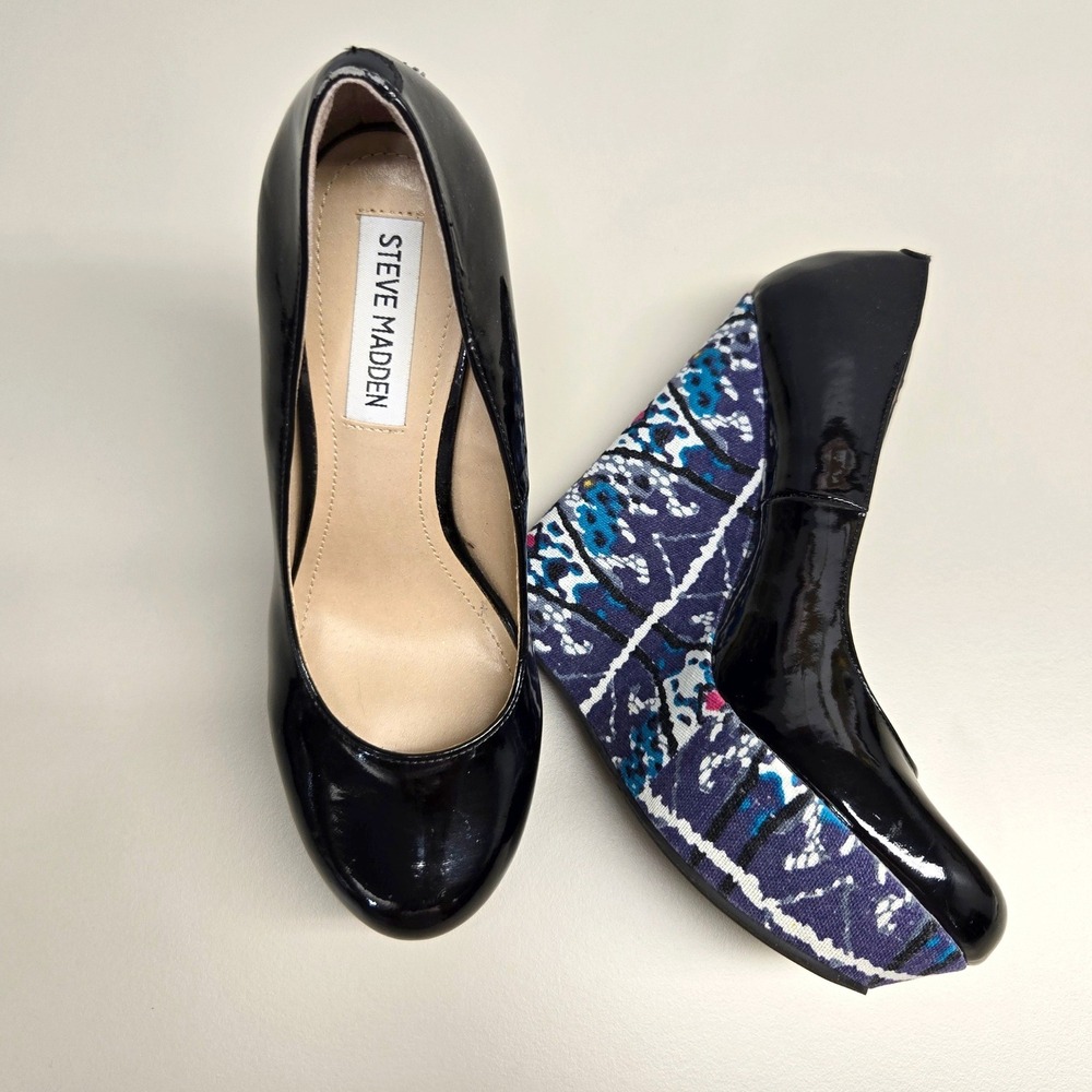 Steve Madden Gavon Platform Wedge Heels 6.5 Black Patent Ikat Indie Sleaze Y2K